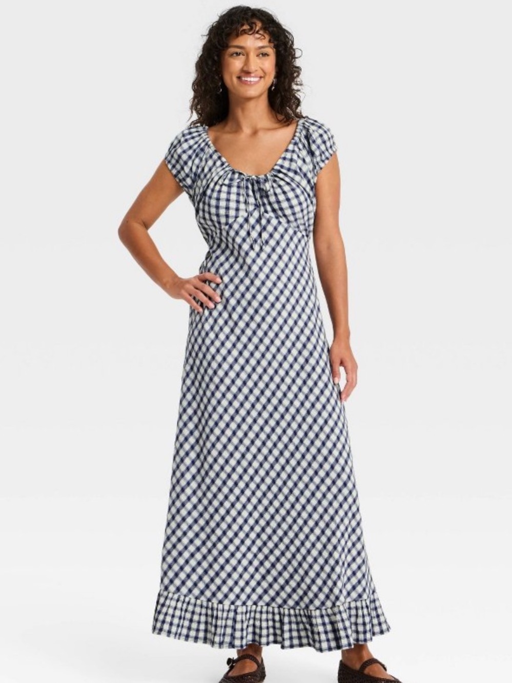 Women’s Western Puff Short Sleeve Maxi Dress-Navy Gingham